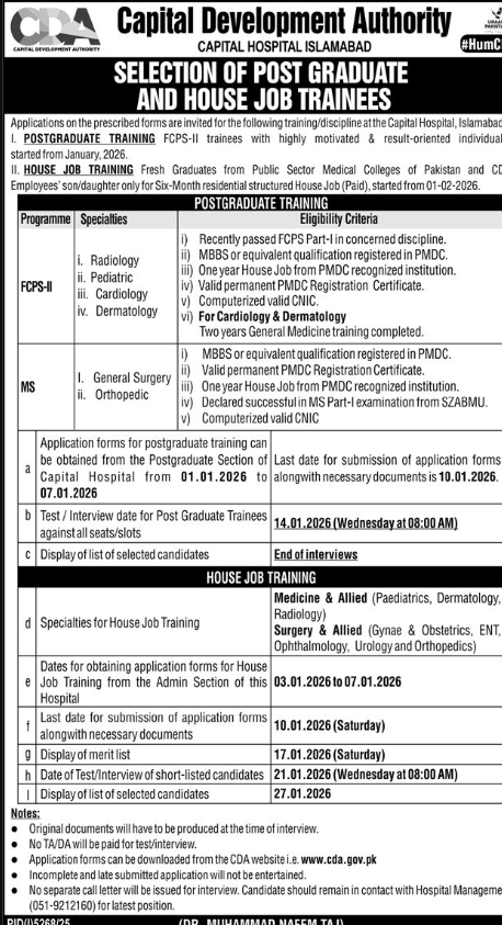 Capital Development Authority CDA Hospital House Jobs 2026
