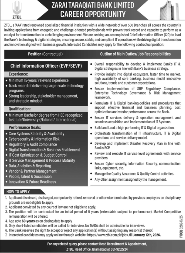 Zarai Taraqiati Bank Limited ZTBL Apply Jobs 2025