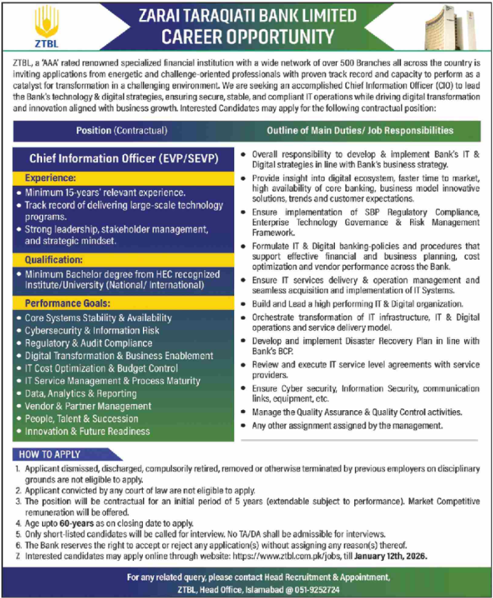 Zarai Taraqiati Bank Limited ZTBL Apply Jobs 2025