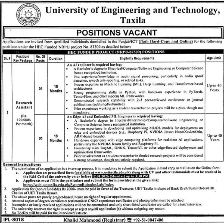 University Of Engineering And Technology UET Taxila Jobs 2026
