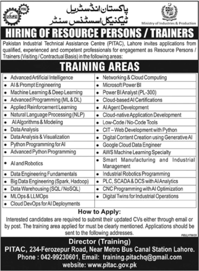 Pakistan Industrial Technical Assistance Center PITAC Jobs 2025