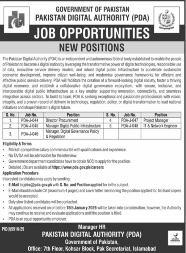 Pakistan Digital Authority PDA Apply Jobs 2025