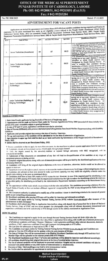 Punjab Institute Of Cardiology Lahore Apply Jobs 2026